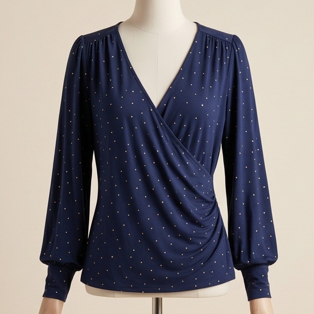 Boden Womens US 12 Navy Blue Polka Dot Faux Wrap Long Sleeve Top T1106